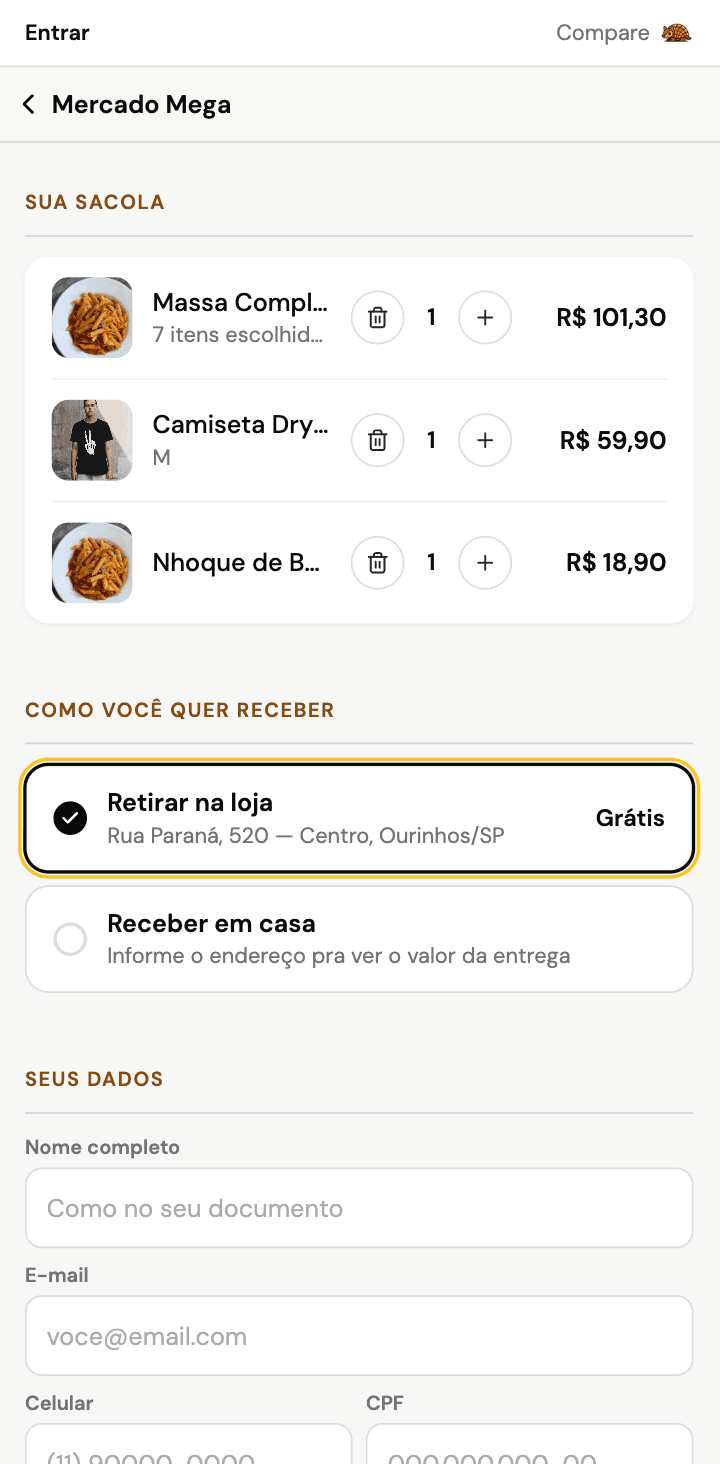 Sacola da vitrine web: itens, retirar na loja ou receber em casa, e os dados do cliente sem cadastro